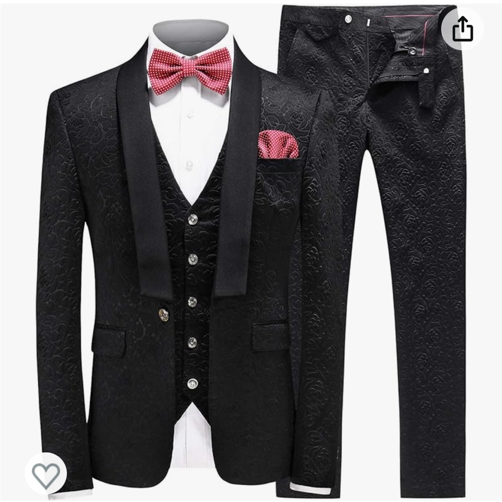 Mogu, Black, Floral, Men’s, 3 Piece, Slim Fit, Suit, Worn Once and Dry Cleaned
